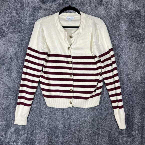 Evereve Sweaters - Evereve Cardigan Sweater Womens Large White Striped Button Front Crewneck Knit